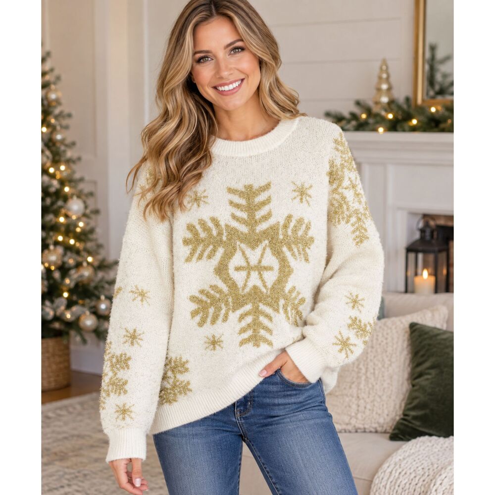 Bibi Womens Size Large Christmas Sweater White Gold Snowflake Tinsel Fuzzy